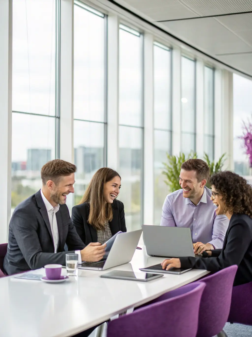 A vibrant image depicting a diverse team of small business employees collaborating seamlessly with AI-powered software on their devices, showcasing enhanced productivity and efficiency.