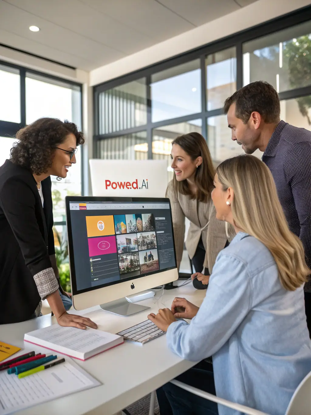 A diverse team collaborating around a large interactive display showcasing NRMediaLLC's AI solutions, emphasizing innovation and teamwork.