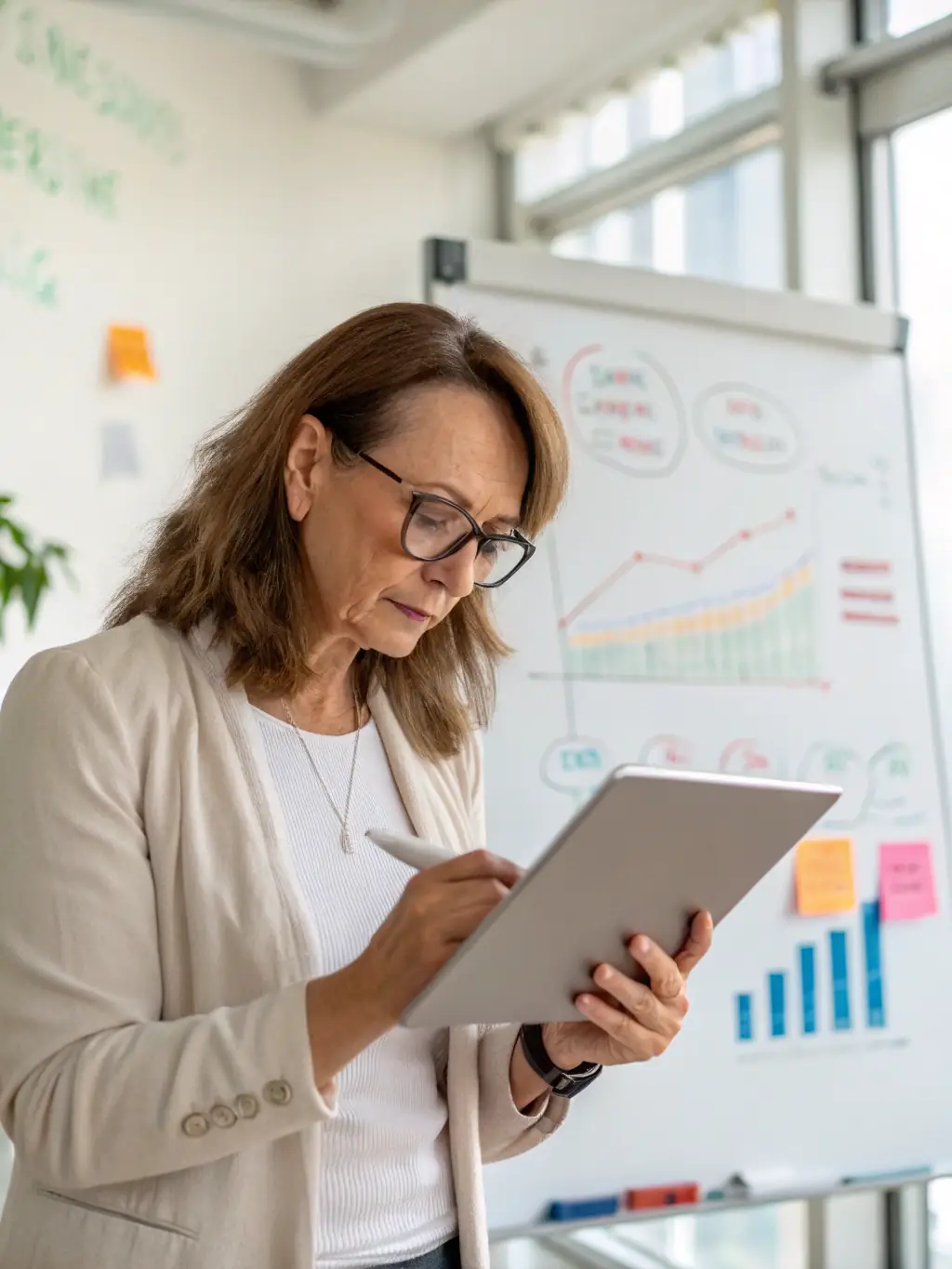 An image showing a small business owner confidently using NRMediaLLC.com's software on a tablet, with a background showcasing business growth and success.