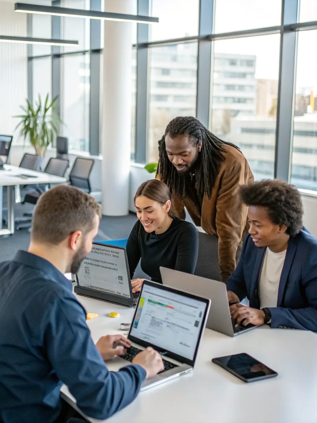 An image showing a small business team using a computer with AI-driven dashboards and automation workflows on the screen, highlighting the AI Workflow Automation feature.